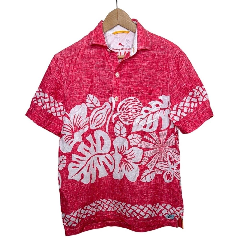 Tommy Bahama Collegiate Polo Shirt Mens Large Red White Floral Tropical Linen